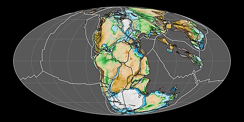 Reconstruction of the supercontinent Pangaea approximately 200 million years ago