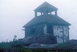 Abandoned fire-spotting hut on Big Bald Mountain (New Brunswick), Canada (IR Walker 1986)