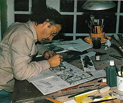 Giraud working on plate 31b of Blueberry volume 20; "La tribu fantôme", ca. 1981