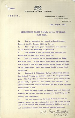 Orders received by Lieutenant-Colonel Robert Logan from Colonel Braithwaite to seize German Samoa, 18 August 1914