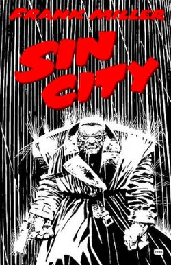 Marv walking through the rain in The Hard Goodbye cover by Frank Miller, illustrating Miller's film noir-influenced visual style