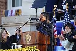 Winfrey speaking at Maryland Governor Moore's inauguration, 2023