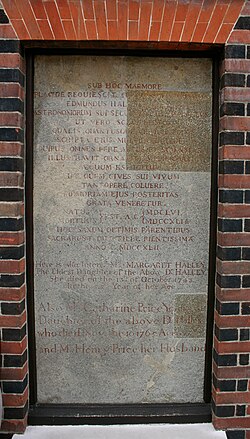 Edmond Halley's tombstone, re-positioned at the Royal Observatory, Greenwich; he is not buried there, but at St Margaret's, Lee, some 30 minutes' walk away to the south