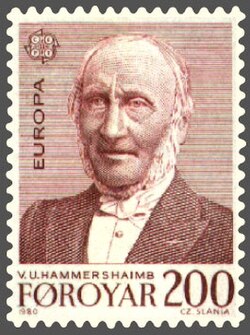 A stamp commemorating V. U. Hammershaimb, a 19th-century Faroese linguist and theologian