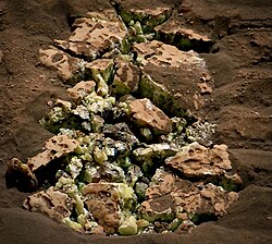 Native sulfur on Mars Discovered May 30, 2024, when the Curiosity rover drove over this outcrop and cracked it open.
