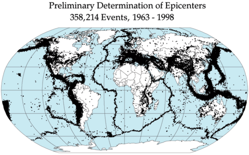Global earthquake epicenters, 1963–1998. Most earthquakes occur in narrow belts that correspond to the locations of lithospheric plate boundaries.