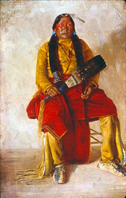 Chosequah, a Comanche warrior wearing full traditional regalia. Painted by E. A. Burbank, 1897.