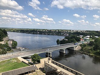 The Narva Friendship Bridge, spanning the Narva River between Narva, Estonia and Ivangorod, Russia
