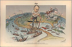 This cartoon reflects the view of Judge magazine regarding America's imperial ambitions following McKinley's quick victory in the Spanish–American War of 1898.[46]