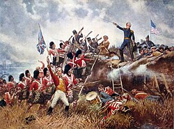 General Andrew Jackson standing on the parapet of his makeshift defenses as his troops repulse attacking Highlanders during the defense of New Orleans, the final major and most one-sided battle of the War of 1812, mainly fought by militia and volunteers.