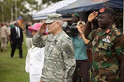 U.S. AFRICOM commander Carter Ham and senior Gambian Army officer Masaneh Kinteh surveying the troops, 21 July 2011