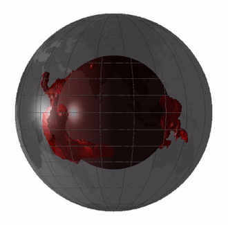 Animated seismic tomography showing the two large low-shear-velocity provinces (LLSVPs) at the Earth's core–mantle boundary,[1] suspected to be sunken remnants of Theia's mantle[2]