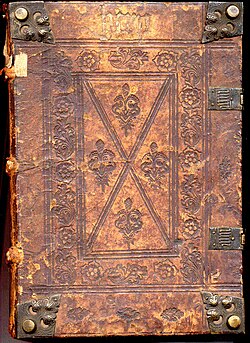 A 15th-century incunable. Notice the blind-tooled cover, corner bosses, and clasps.
