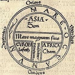 Medieval T and O map showing the three continents as domains of the sons of Noah—Asia to Sem (Shem), Europe to Iafeth (Japheth), and Africa to Cham (Ham).