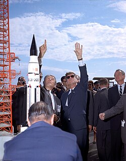 Wernher von Braun explains the Saturn system to President Kennedy during his tour at the Cape Canaveral Missile Test Annex on November 16, 1963