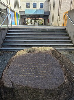 The University of Canberra granite foundation stone is accessible via stairs outside Building 1