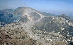 Image depicting pyroclastic and lahar deposits from the eruption of Mount Unzen, Japan in 1991.