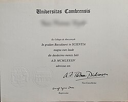 University of Wales degree certificate in Latin, 1984