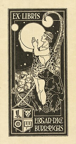 Burroughs's bookplate, showing Tarzan holding the planet Mars, surrounded by other characters from his stories and symbols relating to his personal interests and career