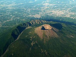 The main cone of Vesuvius and the cliff of Monte Somma's caldera separated by the Inferno and Gigante valley