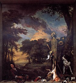 Landscape with Huntsman and Dead Game (Allegory of the Sense of Smell) by Jan Weenix, a 1697 landscape painting once owned by Hearst