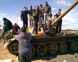Tank captured from Gaddafi loyalists in Benghazi