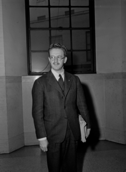 English lecturer at City College Morris Schappes in court March 1941. Schappes was one of over forty professors fired as a result of the Rapp-Coudert Committee investigations.