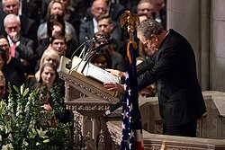 Bush eulogizing his father at the National Cathedral on December 5, 2018