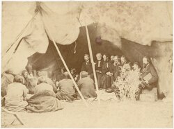Native peace commissioners in council with the Northern Cheyenne and Northern Arapaho, Fort Laramie, Wyoming, 1868