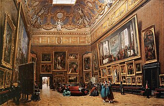 The display in the Salon Carré, painted by Giuseppe Castiglione in 1861 following its repurposing of the late 1840s Veronese's Wedding at Cana is visible on the left, and his Supper in the House of Simon (now at the Palace of Versailles) is on the right.