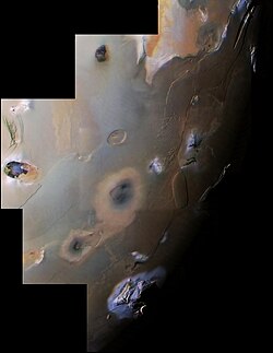 Voyager 1 mosaic covering Io's south polar region. This includes two of Io's ten highest peaks, the Euboea Montes at upper extreme left and Haemus Mons at bottom.