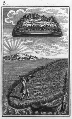 The flying island of Laputa from Gulliver's Travels. (Illustrated 1795.)