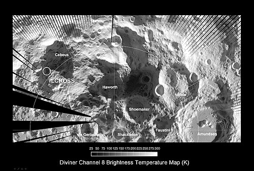 The several hundred kilometer wide Lunar south polar region as illuminated by the Sun during summer. The south pole lies at the rim of Shackleton crater. The region is shadowed by the well illuminated Leibnitz plateau, flanked on the right by the Nobile crater and to the left by the partly shadowed Malapert crater and its Malapert peak illuminated at the rim of Haworth crater.