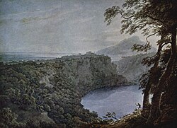 An 18th-century depiction of Lake Nemi as painted by John Robert Cozens