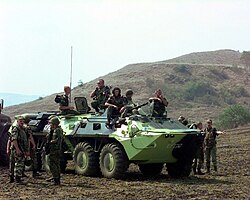 Russian soldiers and a BTR-70 of the Kosovo Force (KFOR) in August 2000.