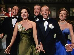 The cast of The Band Wagon (1953) L–R: Oscar Levant, Cyd Charisse, Jack Buchanan, Fred Astaire, and Nanette Fabray