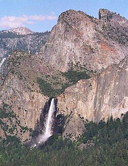 Bridal Veil Falls in Yosemite National Park flowing from a hanging valley