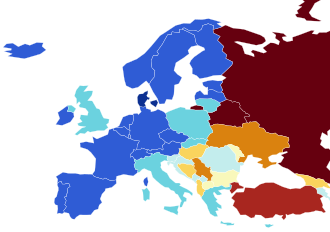 Democracy in Europe according to 2026 V-Dem Electoral Democracy Index with dark blue more democratic and dark red less democratic[257]