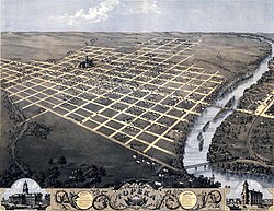An 1869 bird's-eye illustration of Topeka