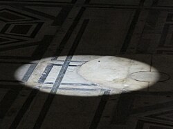 The pinhole-projected image of the Sun on the floor at Florence Cathedral. Cassini measured a similar image over a year at San Petronio Basilica to try to prove the Earth orbited the Sun.