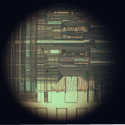 Upper interconnect layers on an Intel 80486DX2 microprocessor die