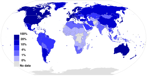 Fixed broadband Internet subscriptions in 2012as a percentage of a country's populationSource: International Telecommunication Union.[94]