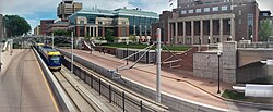 A Green Line train after leaving the East Bank Station, heading towards Downtown Minneapolis