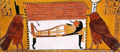 Isis, left, and Nephthys as kites near the bier of a mummy, thirteenth century BCE.