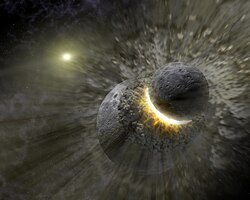 An artist's conception of two Pluto-sized dwarf planets in a collision around Vega