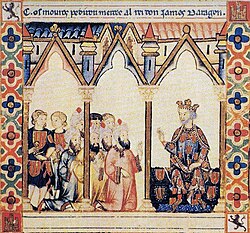 The Moors request permission from James I of Aragón, from The Cantigas de Santa Maria