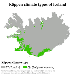 Köppen climate classification types of Iceland
