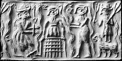 Cylinder seal impression that could represent Dumuzi during his stay in the Underworld.[54] Emerging from a net, he is surrounded by two snakes and Gallu demons. British Museum, London.