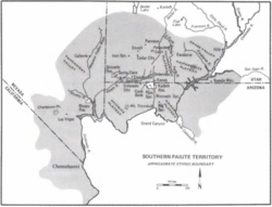 Ancestral lands of Southern Paiute groups overlaid on a map of the Colorado River and current US state boundaries.[6][7][8]