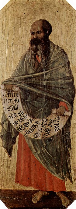 Malachi, one of the last prophets of Israel, painting by Duccio di Buoninsegna, c. 1310 (Museo dell'Opera del Duomo, Siena Cathedral). "He [Mashiach] will turn the hearts of the parents to their children, and the hearts of the children to their parents" (Malachi 4:6)[18]